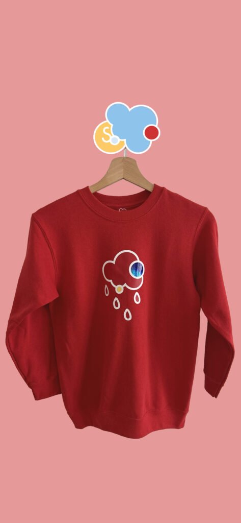 Sweat j'aime la pluie rouge. 80% coton 20% polyester. Fabrication artisanale. Chaque produit est unique. Retrouver tous les vêtements pour enfants sur SO-cloudies ❤️☁️❤️ remplis de gaieté et de couleurs✨🌈✨ Fabrication artisanale. Sweat jaune.